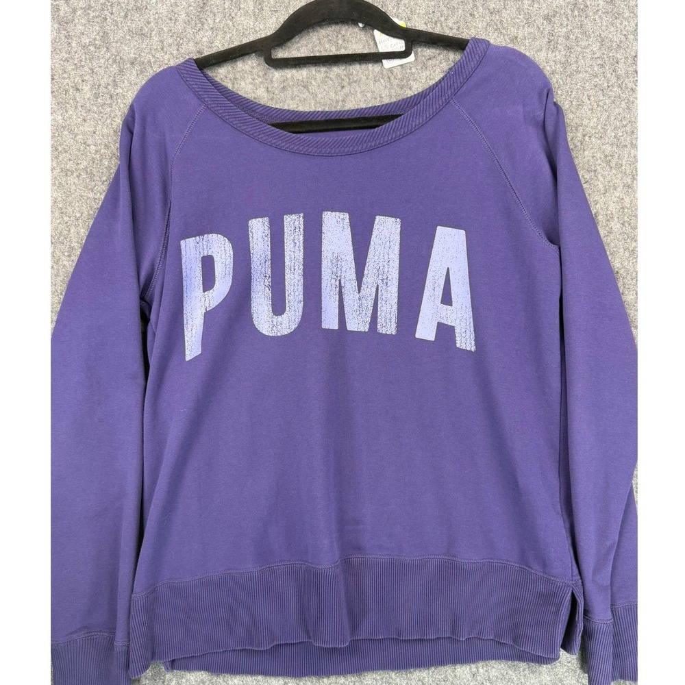 Puma Womens DryCell Purple Long Sleeve Graphic Sweatshirt Size L Distressed Logo